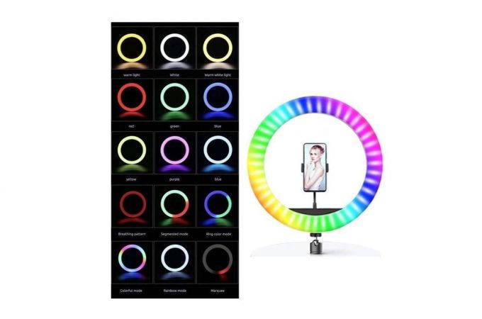 Кольцевая лампа RGB многоцветная (45см) для фото и видеосъемки (без треноги, черный)