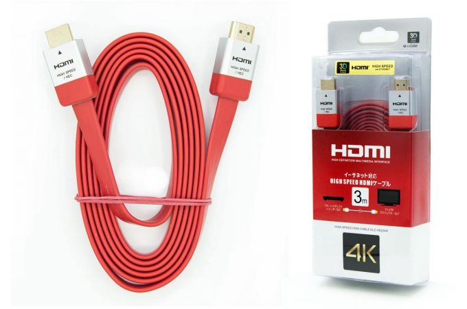 Кабель HDMI (папа - папа) 3 м (V2.0) 4K плоский красный