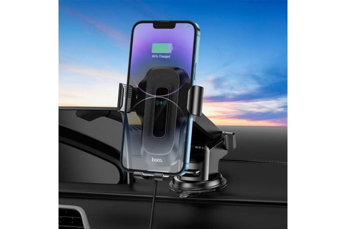 Держатель автомобильный для телефона HOCO HW3 Wise automatic induction wireless fast charging car holder (консоль) черный