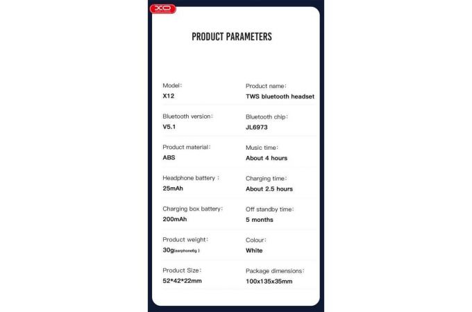 Наушники вакуумные беспроводные XO X12 Bluetooth Earphone White