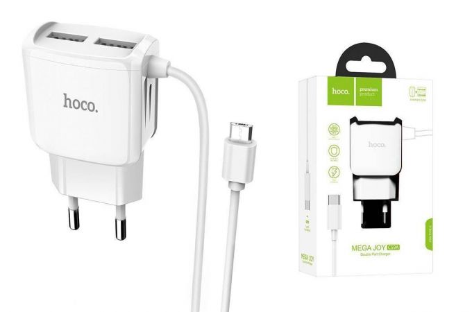 Сетевое зарядное устройство 2USB + кабель MicroUSB HOCO C59A Fast Charging 2400mAh (белый)