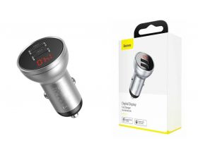 Автомобильное зарядное устройство BASEUS Digital Display Dual, 2*USB, 2.4A, серебристый, дисплей
