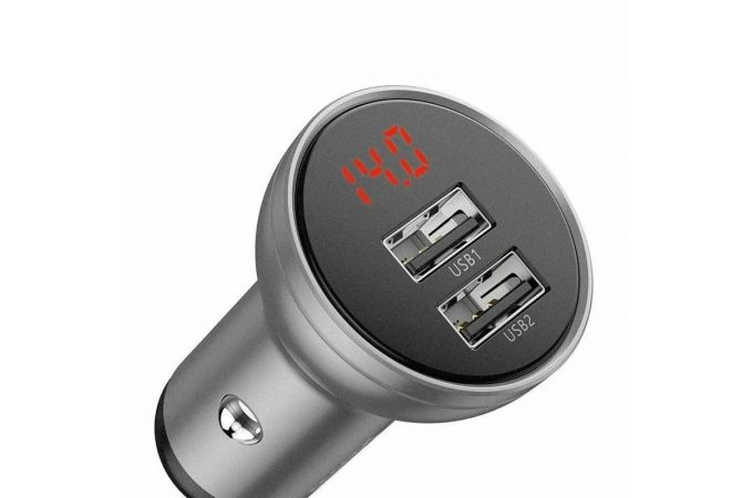 Автомобильное зарядное устройство BASEUS Digital Display Dual, 2*USB, 2.4A, серебристый, дисплей