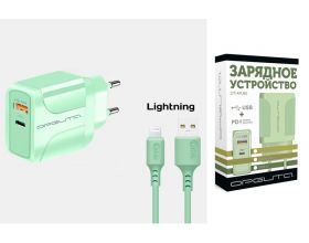 Сетевое зарядное устройство USB + USB-C + кабель Lightning  Орбита OT-APU60 2400mA (зеленый)