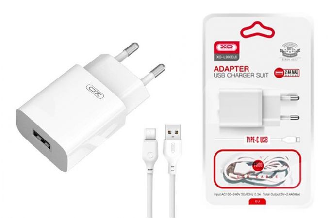 Сетевое зарядное устройство USB + кабель Type-C XO L99(EU) 2.4A Home (NB103) (Белый)