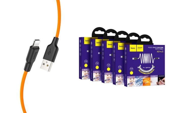 Кабель USB - Lightning HOCO X21 PLUS, 2,4A (черно-оранжевый) 1м (силиконовый)