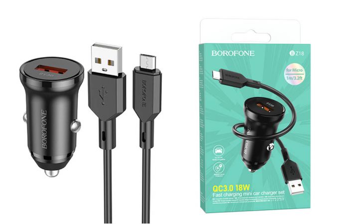 Автомобильное зарядное устройство АЗУ USB + кабель MicroUSB BOROFONE BZ18  QC3.0 (черный)