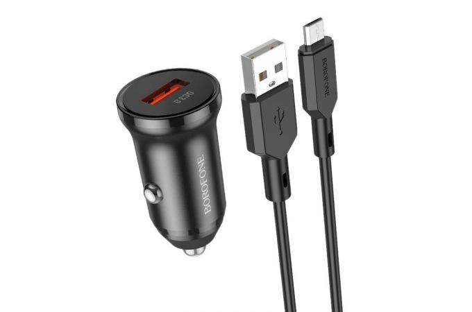 Автомобильное зарядное устройство АЗУ USB + кабель MicroUSB BOROFONE BZ18  QC3.0 (черный)