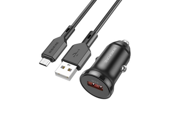 Автомобильное зарядное устройство АЗУ USB + кабель MicroUSB BOROFONE BZ18  QC3.0 (черный)