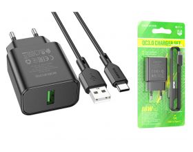 Сетевое зарядное устройство USB + кабель Type-C BOROFONE BA72A QC3.0 (черный)