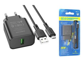 Сетевое зарядное устройство USB + кабель MicroUSB BOROFONE BA72A Spring QC3.0 (черный)