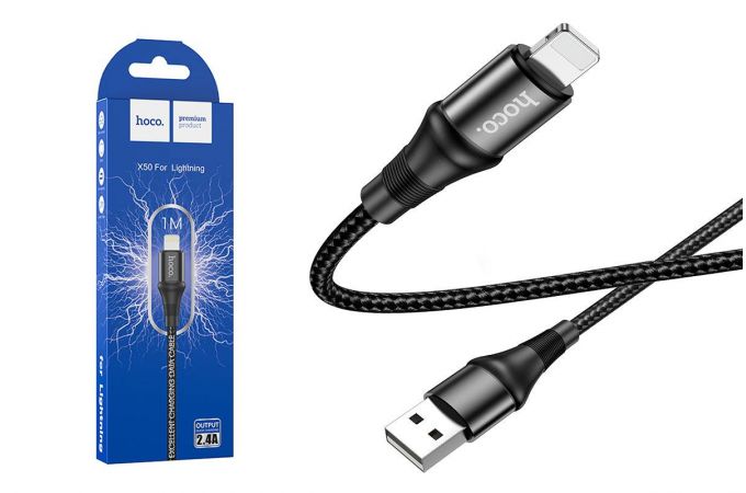 Кабель USB - Lightning HOCO X50, 2,4A (черный) 1м (в оплетке)