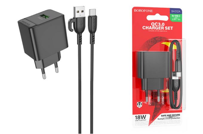 Сетевое зарядное устройство USB + кабель Type-C BOROFONE BAS12A Erudite QC3.0 (черный)