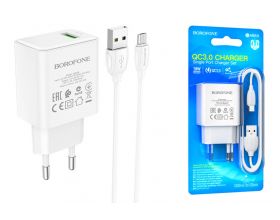 Сетевое зарядное устройство USB + кабель MicroUSB BOROFONE BA66A  QC3.0 (белый)