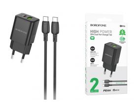 Сетевое зарядное устройство USB + USB-C + кабель Type-C BOROFONE BN14 PD 20W+QC 3.0 (черный)