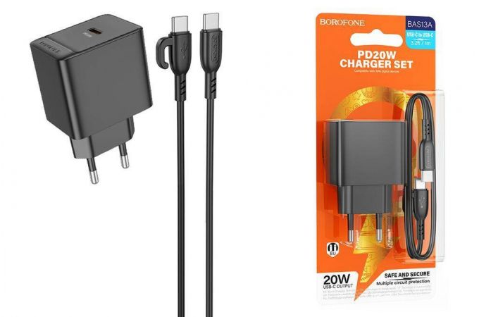 Сетевое зарядное устройство USB-C + кабель Type-C BOROFONE BAS13A PD20W (черный)