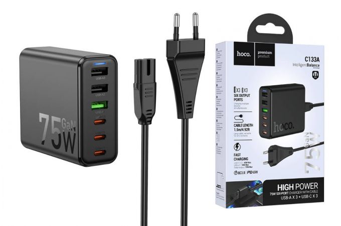 Сетевое зарядное устройство 3USB + 3USB-C HOCO C133A PD 75W (черный)