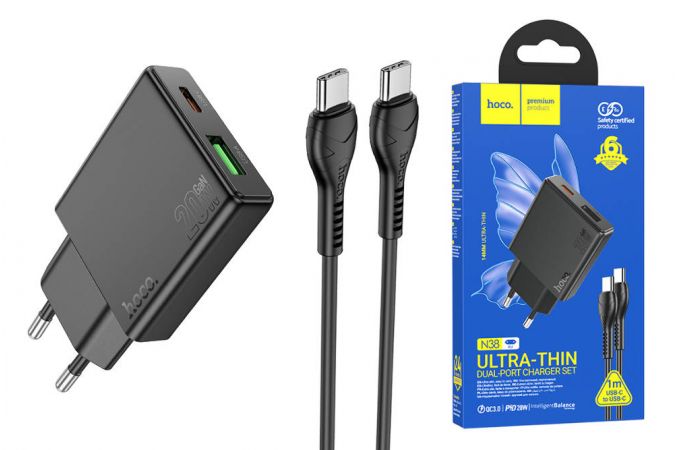 Сетевое зарядное устройство USB+USB-C + кабель Type-C-Type-C HOCO N38 PD20W + QC3.0 (черный)