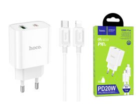 Сетевое зарядное устройство USB + USB-C + кабель Lightning - Type-C HOCO C80A Plus Rapido charger PD20W+QC3.0 (белый)