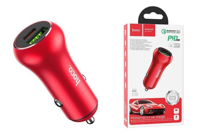 Автомобильное зарядное устройство АЗУ USB + USB-C HOCO Z38 Resolute PD20W+QC3.0 (красный)