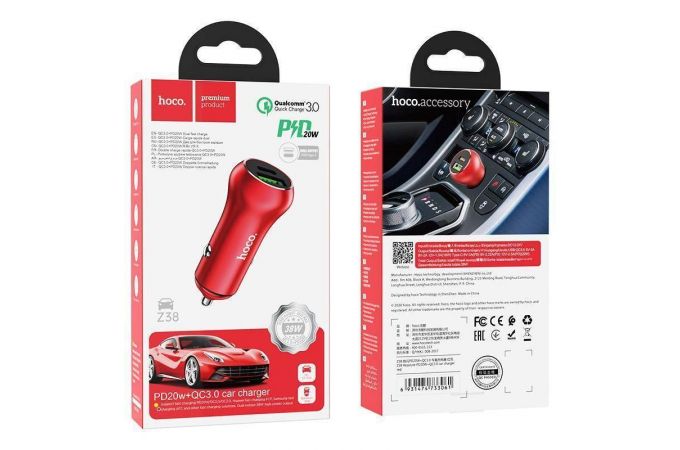 Автомобильное зарядное устройство АЗУ USB + USB-C HOCO Z38 Resolute PD20W+QC3.0 (красный)