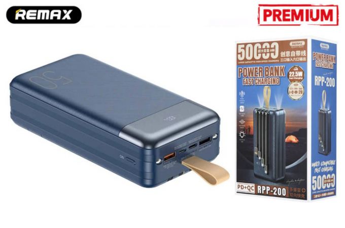 Универсальный дополнительный аккумулятор Power Bank REMAX RPP-200 Hunergy series QC22.5W+PD20W 50000mah Fast charging power bank (with cable) Blue