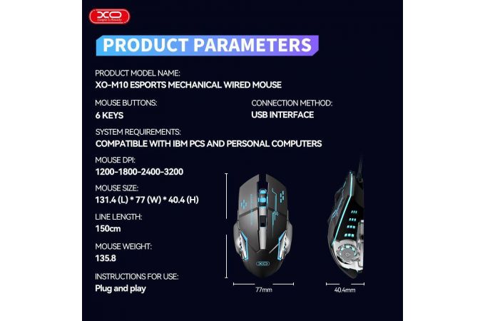 Мышь игровая проводная XO M10 Gaming Mechanical 6-Button Light Emitting Wired Black + Silver