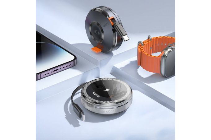 Беспроводное зарядное устройство CQ18 Flash (magnetic+iWatch) with retractable cable (серый металл)