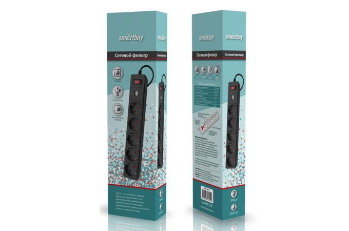 Сетевой фильтр Smartbuy c USB, 10А, 5 гнезд, c з/ш, земля, ПВС 3x0,75, 1,8 м, черный (SBSP-18U-K)