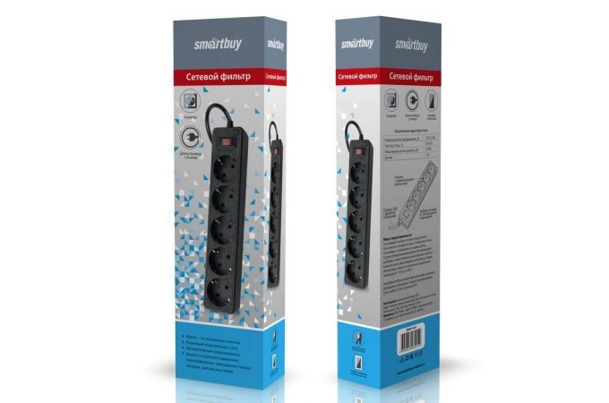 Сетевой фильтр Smartbuy, 10А, 2200 Вт, 5 гнезд, без з/ш, земля, ПВС 3x0,75, 5 м., черный (SBSP-50-K)