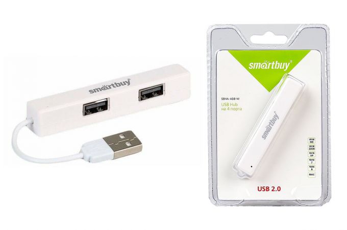 Разветвитель USB HUB 2.0 Хаб Smartbuy 408, 4 порта, белый (SBHA-408-W)