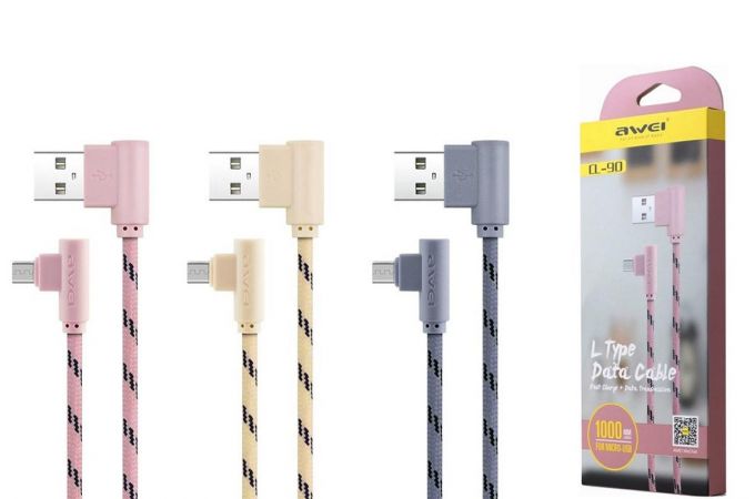 Кабель USB - MicroUSB AWEI CL-90, 2A (розовый, желтый, серый) 1м (microUSB угловой)