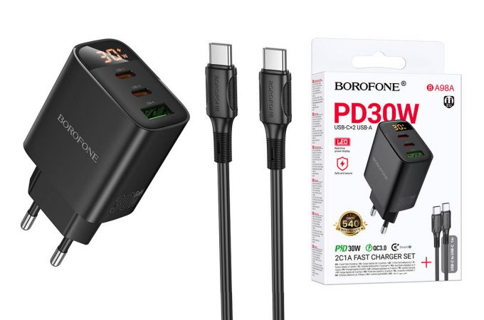 Сетевое зарядное устройство USB+2USB-C + кабель Type-C-Type-C BOROFONE BA98A Ilustre  with digital display set (черный)