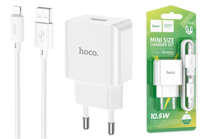 Сетевое зарядное устройство USB + кабель Lightning HOCO C106A 2400mAh (белый)