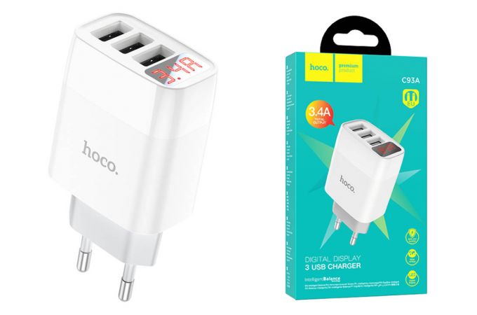 Сетевое зарядное устройство 3USB HOCO C93A Easy charger display 2400mAh (белый)