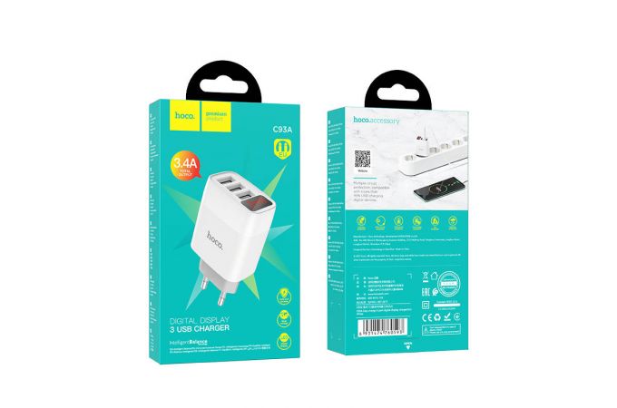 Сетевое зарядное устройство 3USB HOCO C93A Easy charger display 2400mAh (белый)