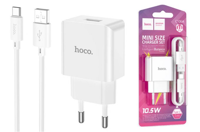 Сетевое зарядное устройство USB + кабель Type-C HOCO C106A Leisure (белый)