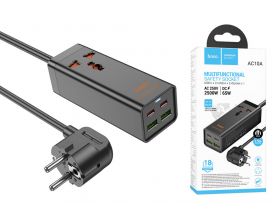 Сетевое зарядное устройство адаптер 2USB + 2USB-C + socket HOCO AC10A Barru PD65W (черный)