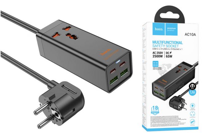 Сетевое зарядное устройство адаптер 2USB + 2USB-C + socket HOCO AC10A Barru PD65W (черный)