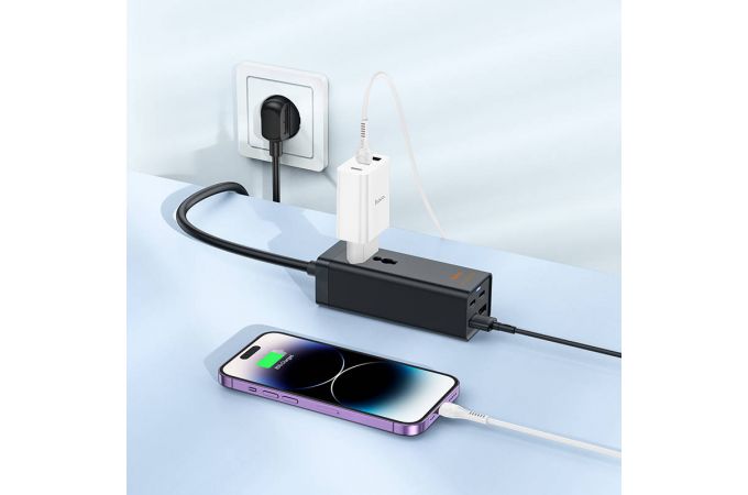 Сетевое зарядное устройство адаптер 2USB + 2USB-C + socket HOCO AC10A Barru PD65W (черный)