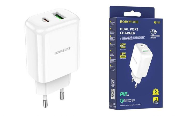 Сетевое зарядное устройство USB + USB-C BOROFONE BN4 Premium PD+ QC 3.0 (белый)