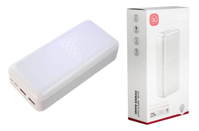 Универсальный дополнительный аккумулятор Power Bank XO NPR-003, 30000 mAh, USB/Type-C, QC 3.0+PD, дисплей, белый