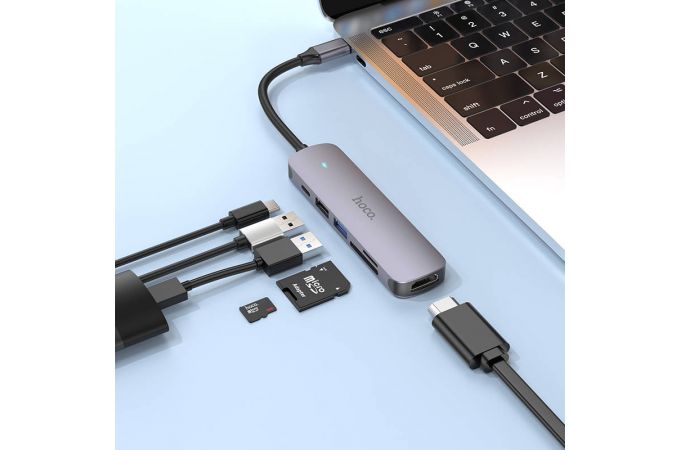 Разветвитель USB HUB 3.0 HOCO HB28 Type-C multi-function converter(HDTV+USB3.0+USB2.0+SD+TF+PD) (Metal Gray)