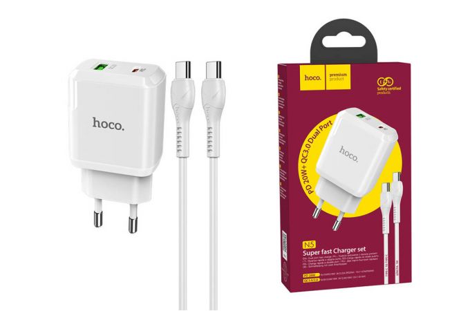 Сетевое зарядное устройство USB + USB-C + кабель Type-C HOCO N5 PD20W + QC 3.0 (белый)