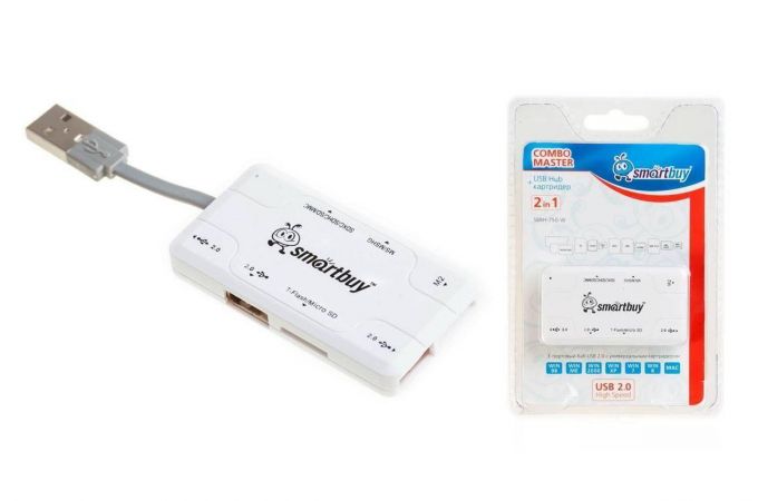 Картридер + Хаб Smartbuy 750, USB 2.0 3 порта+SD/microSD/MS/M2, белый (SBRH-750-W)