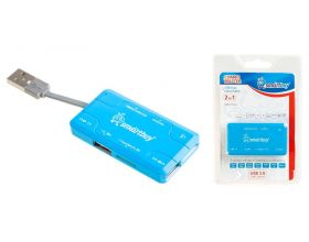 Картридер + Хаб Smartbuy 750, USB 2.0 3 порта+SD/microSD/MS/M2, голубой (SBRH-750-B)