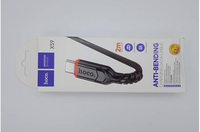 Кабель USB - USB Type-C HOCO X59, 2A (черный) 2м (в оплетке, с усилением сгиба) (УЦЕНКА! МЯТАЯ УПАКОВКА)