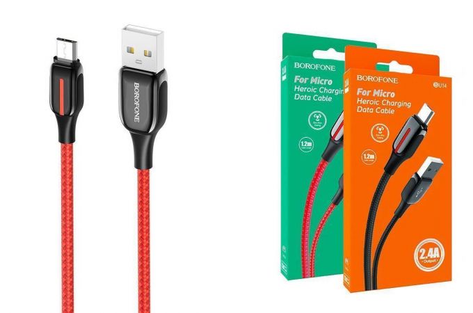 Кабель USB - MicroUSB BOROFONE BU14 2,4A (красный) 1,2м (в оплетке)