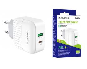 Сетевое зарядное устройство USB + USB-C BOROFONE BA46A Premium PD+ QC 3.0 (белый)