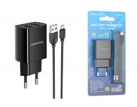 Сетевое зарядное устройство 2USB + кабель MicroUSB BOROFONE BA53A Powerway 2100mAh (черный)